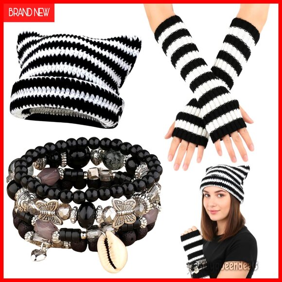 Accessories - Therian Gear Set Cat Ear Beanie Gloves Bracelets Alternative Fashion
